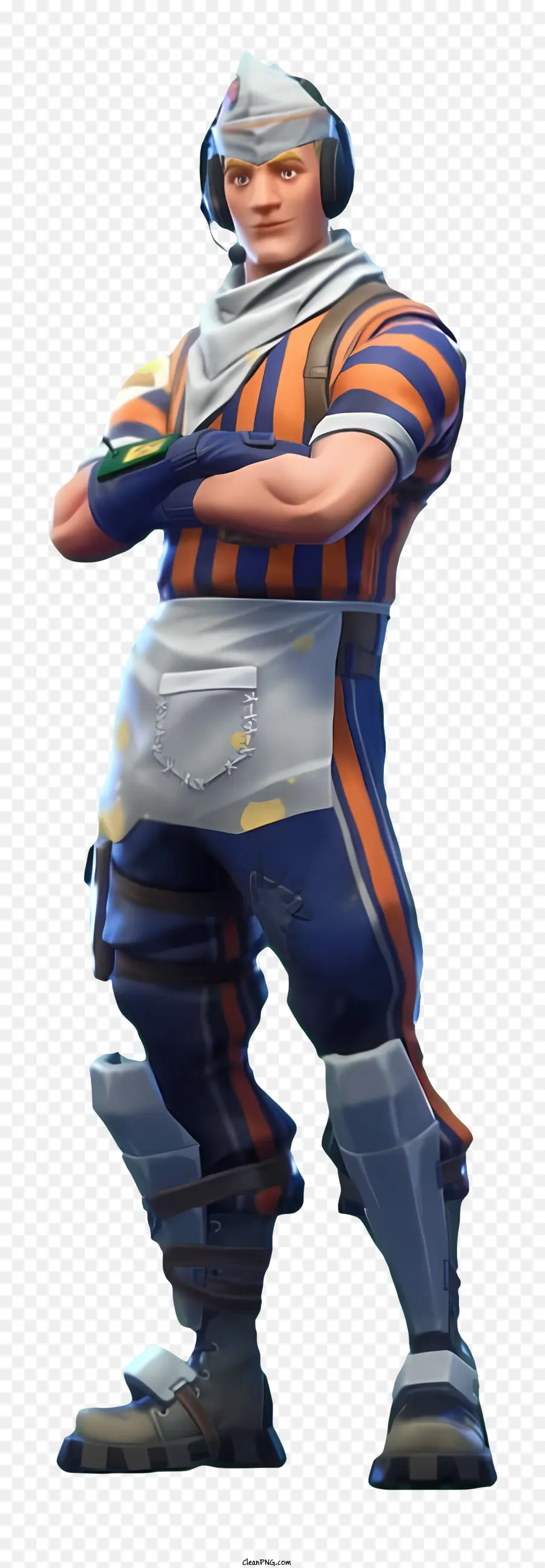 Fortnite - Mann im blauen und orangefarbenen Outfit mit Accessoires