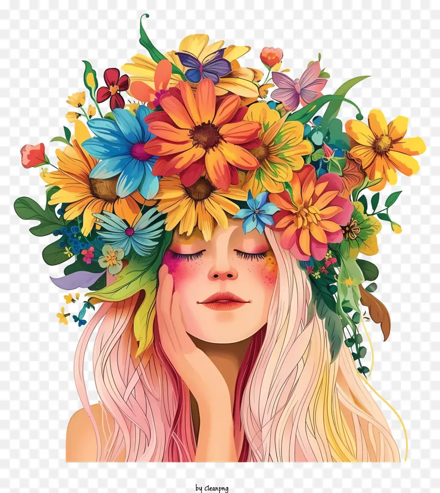 Blume Krone - Blonde Frau, die Blumenkrone trägt, Augen geschlossen