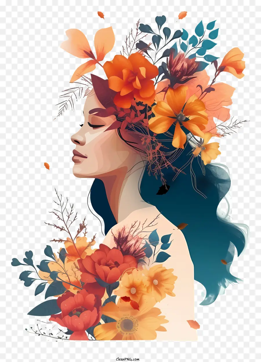mutige und farbenfrohe Grafikdesign Frau und Blumen Frau Blumen Haare - Frau mit Blumen in Haaren, friedlicher Ausdruck