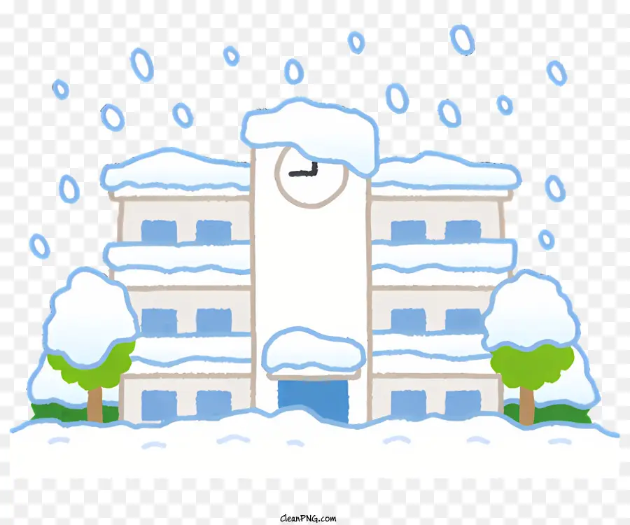 fallender Schnee - Cartoon Snowy Building mit Glockenturm und Bäumen