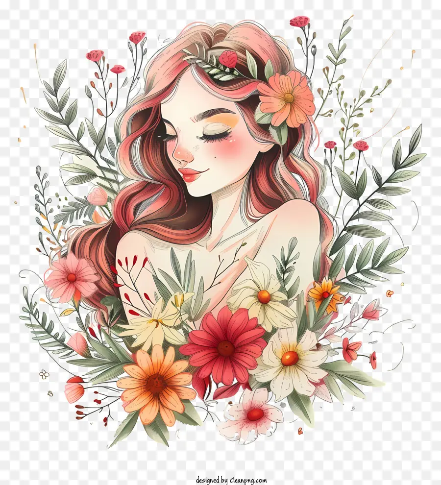 hand drawn woman and flowers woman with red hair green-eyed woman crown of flowers beautiful garden