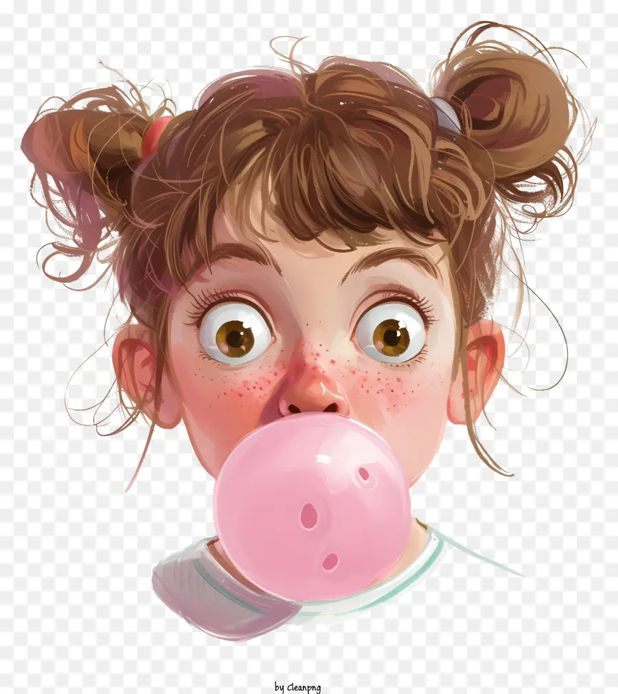 Bubble Gum Day junges Mädchen Bubble Gum Big Eyes Großes Lächeln - Junges Mädchen, das rosa Bubble -Kaugummi mit Freude bläst