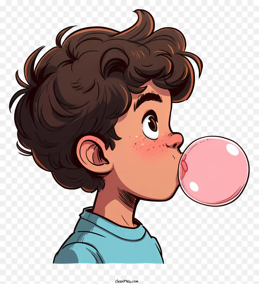 Bubble Gum Day Boy mit lockigem braunem Haar Bubble Gummi Blase Dunkelbraune Augen Hände halten Bubble Gummi - Lächelnder Junge, der rosa Bubble Gummi Blase bläst