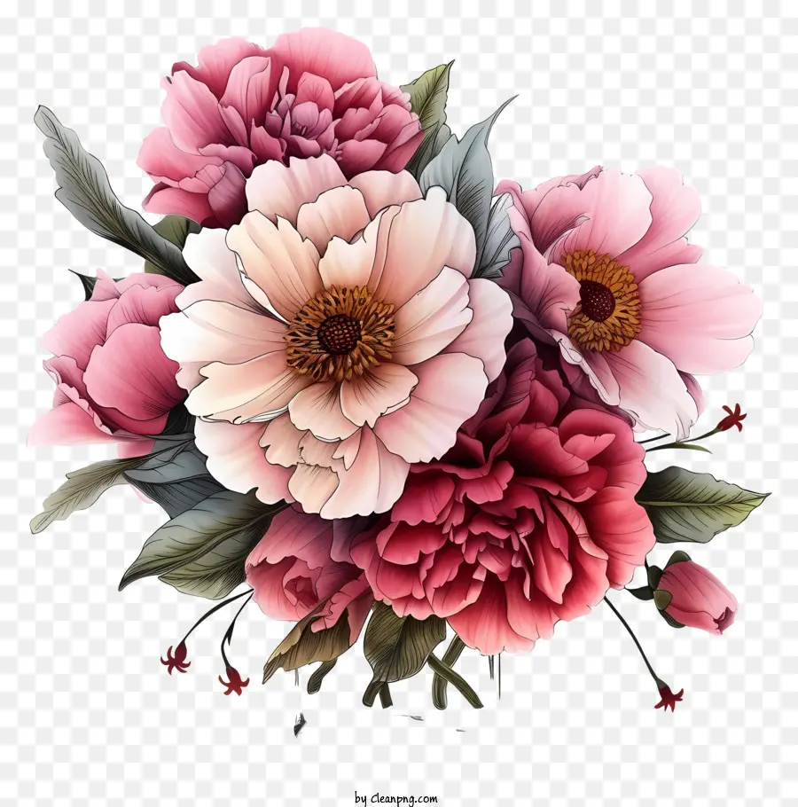 hand drawn elegant flower arrangement black and white picture bouquet pink peonies red carnations