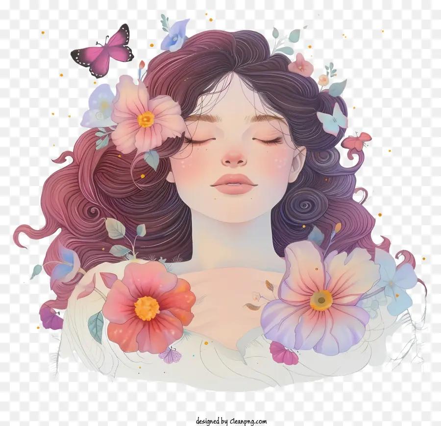 Pastellfrau und Blumen Frau langes Haar lockiges Haar weißes Hemd - Frau hält Schmetterling von Blumen und Sternen umgeben