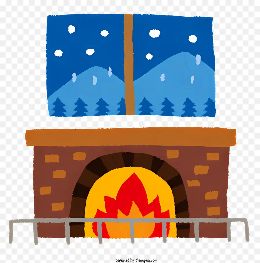 Ikonkamin gemütliche Raumstämme Brennen Flammen - Gemütlicher leerer Holzraum mit Kamin und schneebedeckter Landschaft