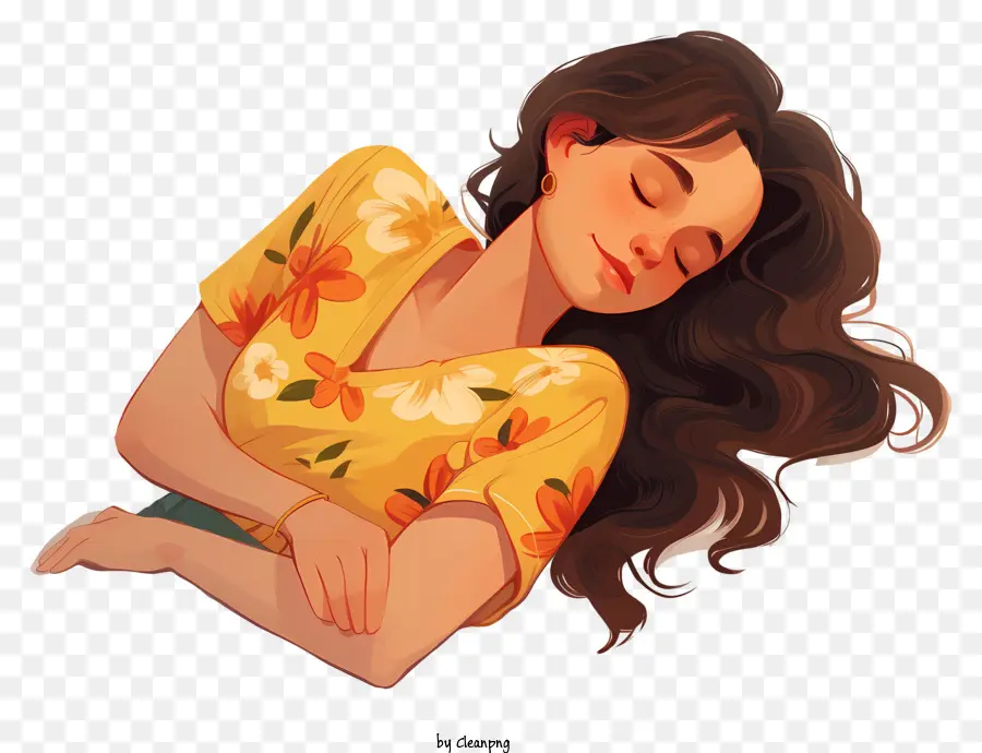 napping day cartoon woman lying down eyes closed floral shirt