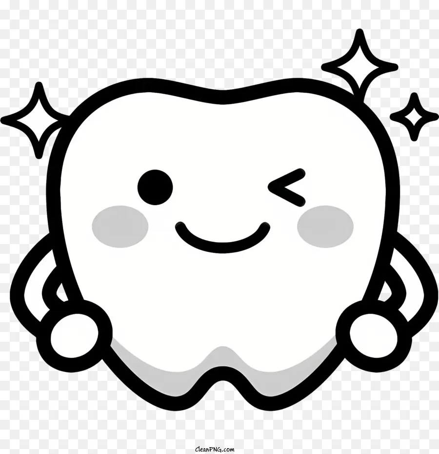 fumetto dente dente che sorrideva dente nero braccia su - Dente di cartone animato sorridente con sfondo stellato