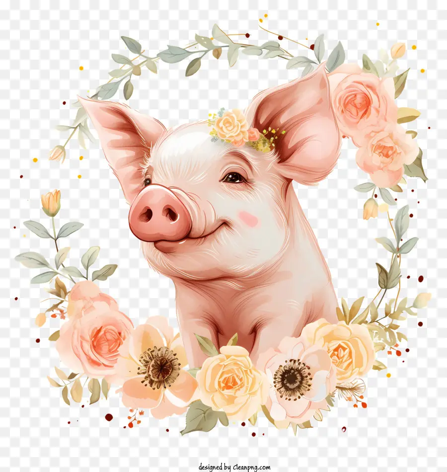 Pig Day Pig Illustrazioni Fiori Cartone On Pig Friendly Pig - Piatta da cartone animato seduto sull'illustrazione della corona di fiori
