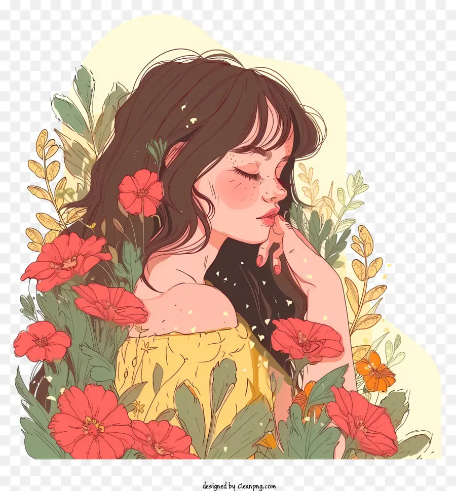 vettoriale disegnare personaggio design donna e fiori donna campo di fiori rossi espressione pacifica - Donna tranquilla circondata da fiori rossi in campo