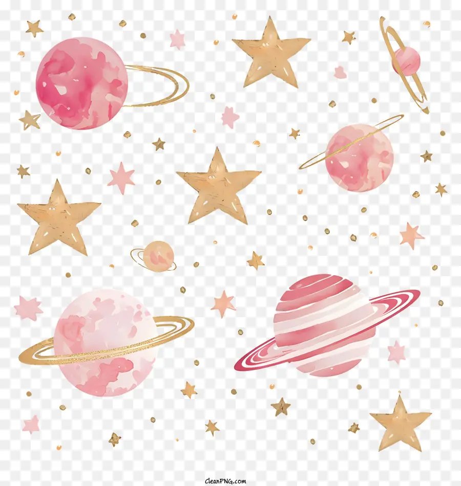 Sao Thổ - Hình minh họa kỹ thuật số của các thiên thể màu hồng và vàng lung linh