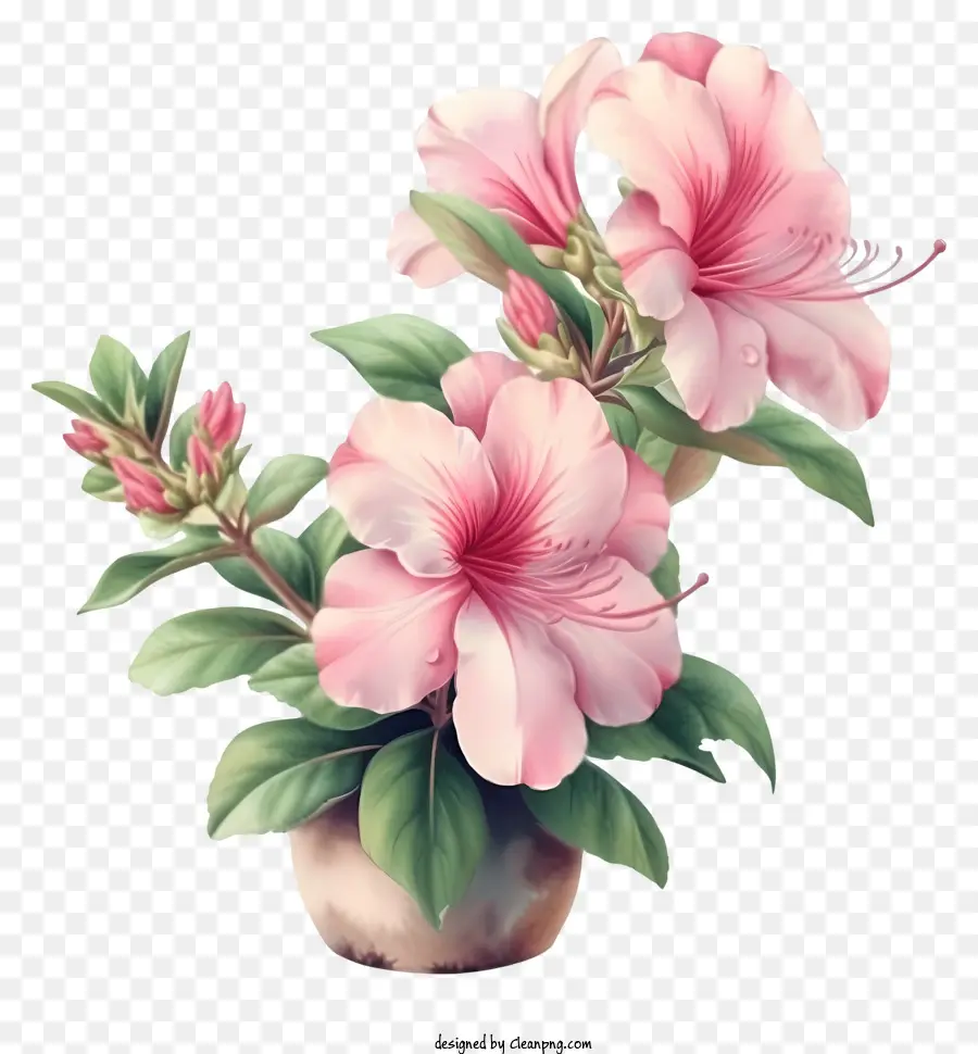 Elegant Azalea Blumenvektor Draw Design Topfpflanze rosa Blumen schwarzer Hintergrund realistisches Bild - Realistische Topfpflanze mit rosa Blumen