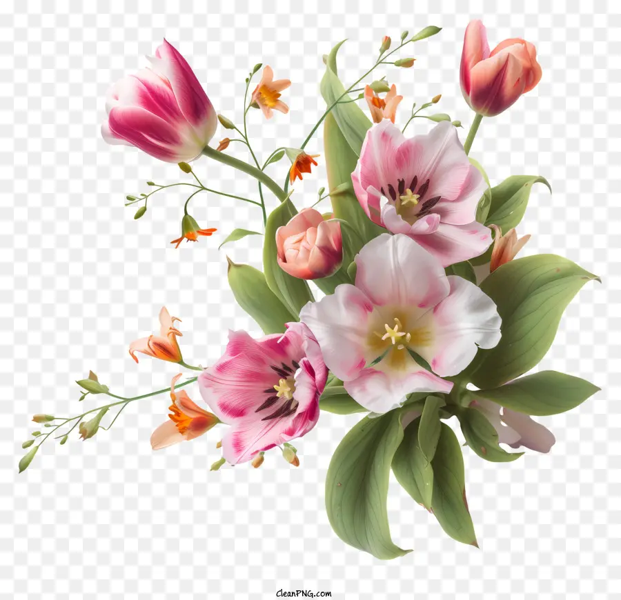 Bó hoa - Tulips màu hồng kiểu Cascade và hoa hồng màu cam trên màu đen