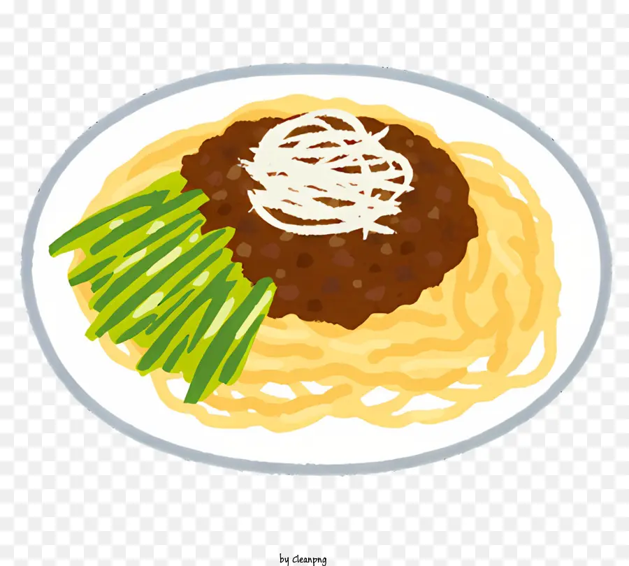 sfondo bianco - Spaghetti con salsa di carne, fagiolini, posate