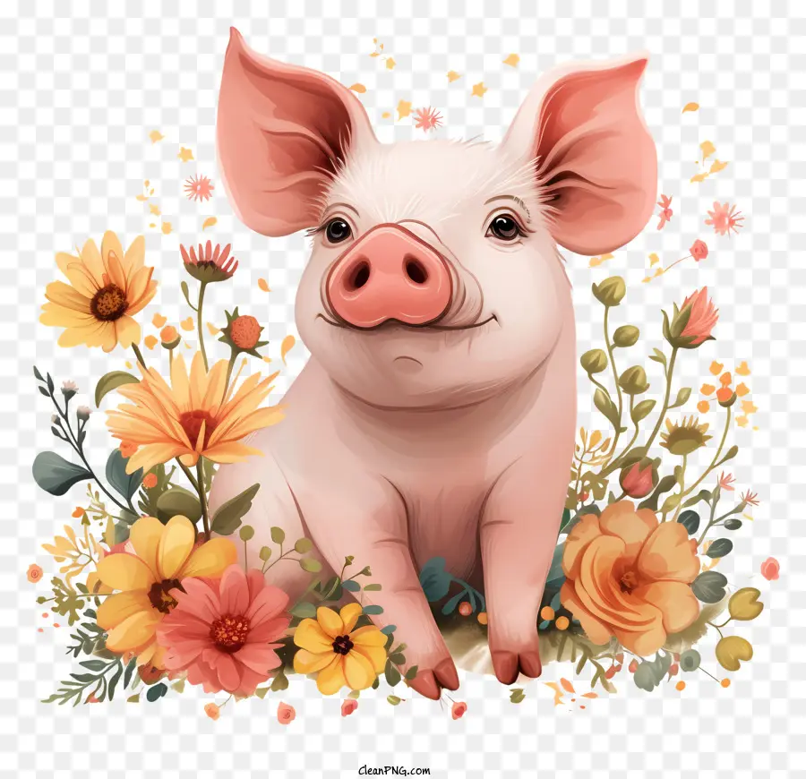 Giornata del maiale graziosi fiori di maiale sorridono - Piatta carino con un grande sorriso nel letto di fiori