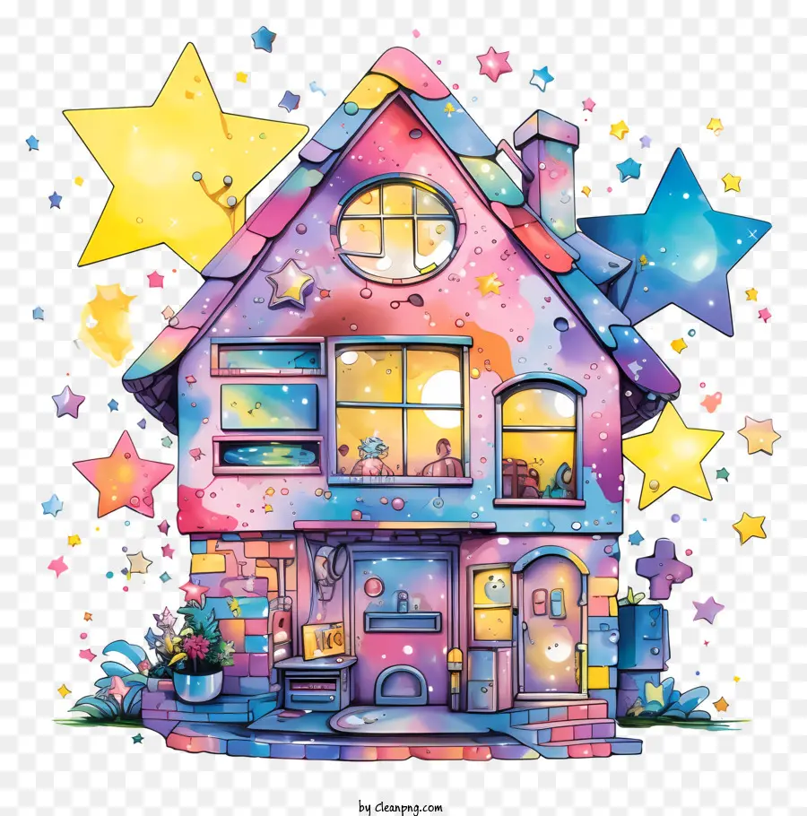 house colorful house whimsical drawing rainbow-colored roof stars in the sky