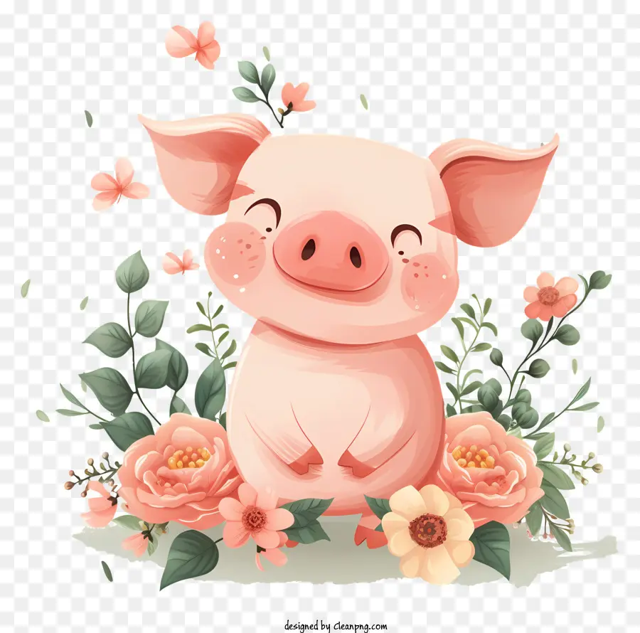 rosa Rosen - Süßes rosa Schwein im blumigen Feld lächelt