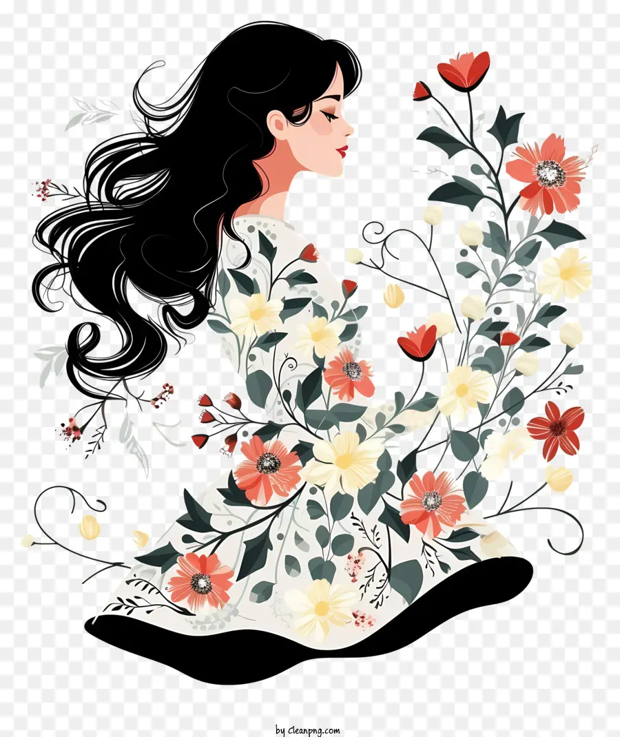 donna e fiori arte vettoriale semplicistica 1) giovane donna 2) abito bianco 3) bouquet di fiori 4) capelli scuri lunghi - La giovane donna in abito bianco contiene bouquet