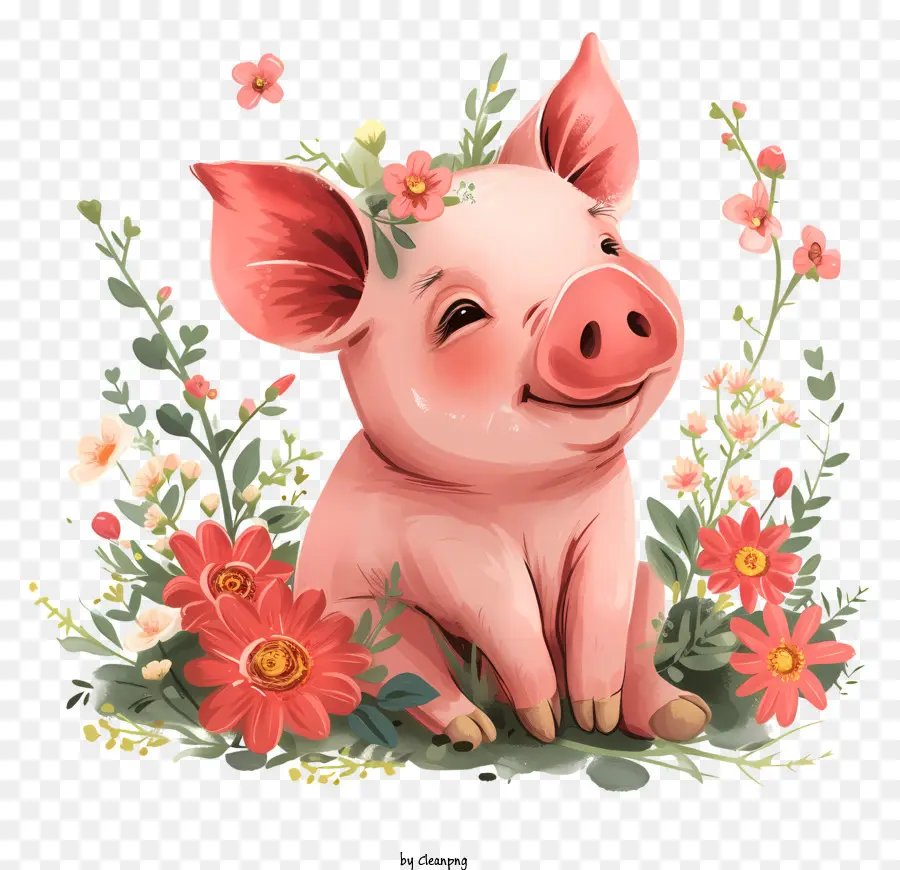hoa vương miện - Lợn cười với vương miện hoa trên cánh đồng màu hồng