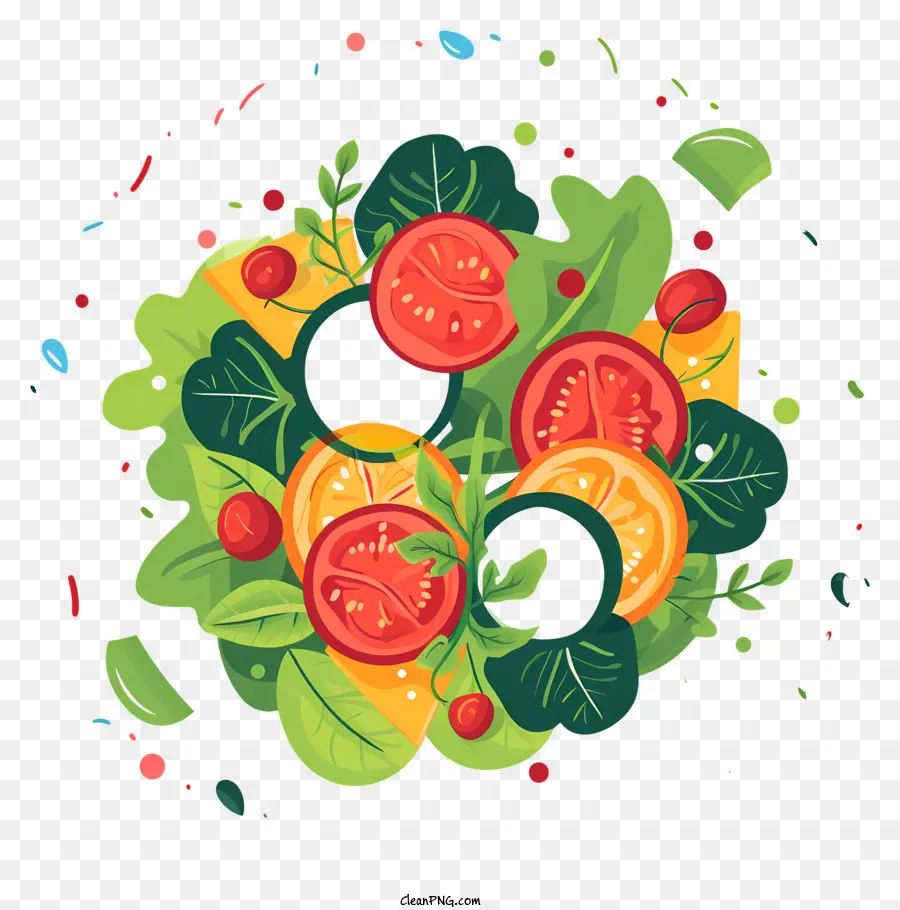 Salat - Kreisförmige Obst- und Gemüsecollage mit leuchtenden Farben
