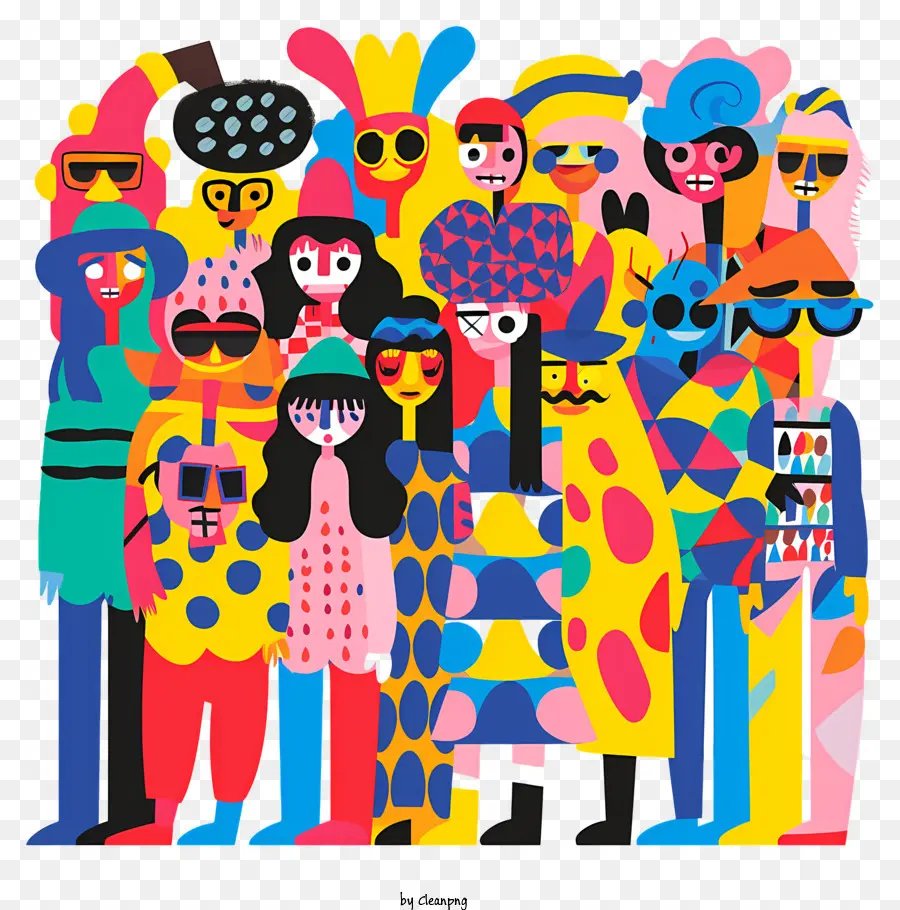 Gruppe von Menschen - Farbenfrohe Gruppe mit glücklichen Ausdrücken, die Objekte halten