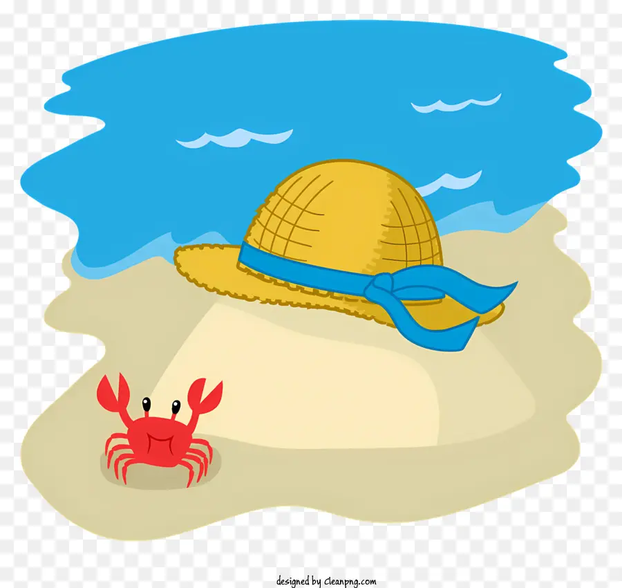 Crab per cappelli da spiaggia in spiaggia scenica - Sandcastle sulla spiaggia con cappello, granchio e mare