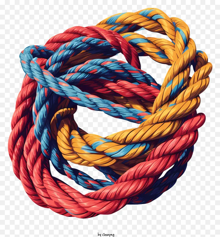 Langes Seil Buntes Seilkugel rot blau gelber Seilkreisseilform - Buntes Seil, das sich in der Kugelform auf schwarzem Hintergrund formuliert
