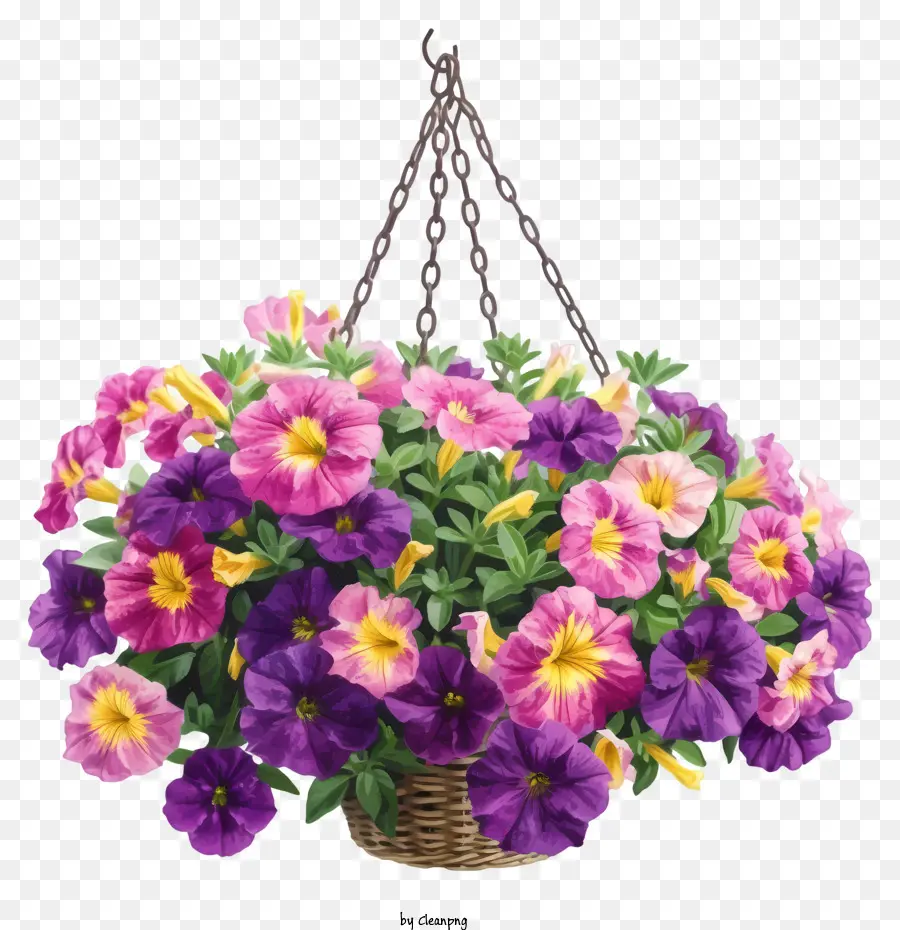 Illustrazioni dettagliate Eleganti fiore petunia cesto appeso a cesto appeso Design a cascata - Cesto sospeso con fiori a cascata colorati