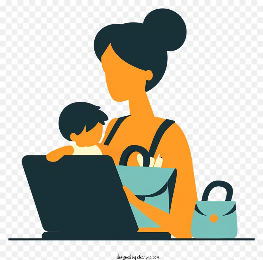 Arbeitsmütter Day Frau benutzt Laptop arbeitende Mutter Multitasking Home Office - Frau Multitasking mit Laptop, Kind und Tasche