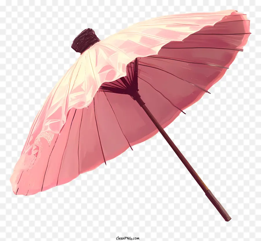 rosa Papier Parasol rosa Regenschirm Weißer Tipp dunkler Holzgriff offener Regenschirm - Flache rosa und weiße Regenschirm auf dem Boden
