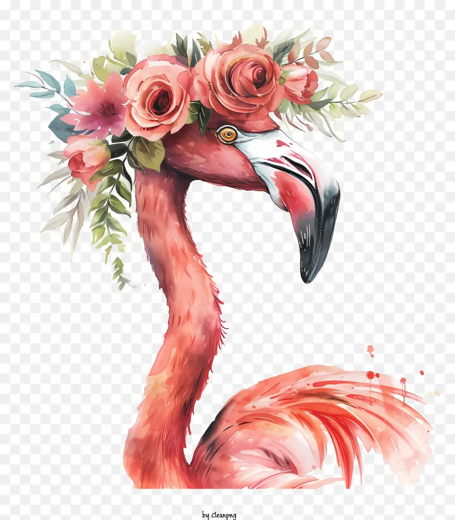 Blume Krone - Pink Flamingo trägt eine Blumenkrone vor dunklem Hintergrund