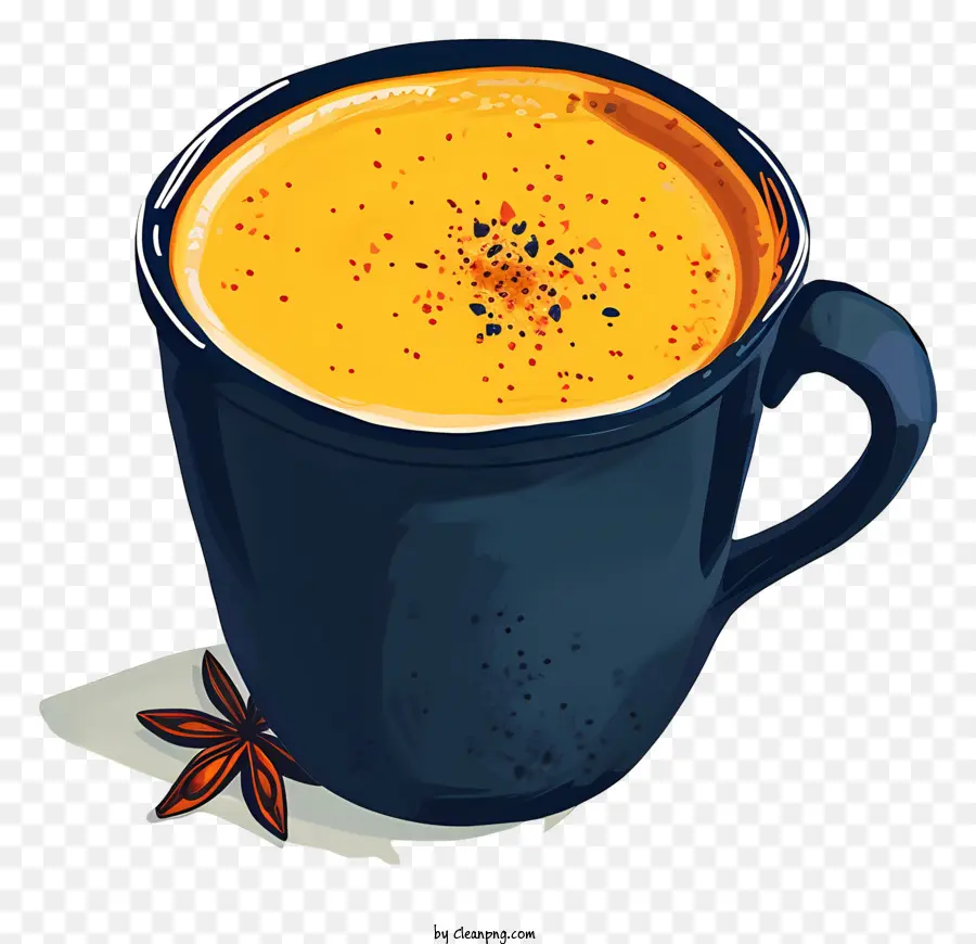 masala chai tè blu tazza di cacao cucchiaio di cacao anice - Immagine realistica di sfondo nero del cacao caldo