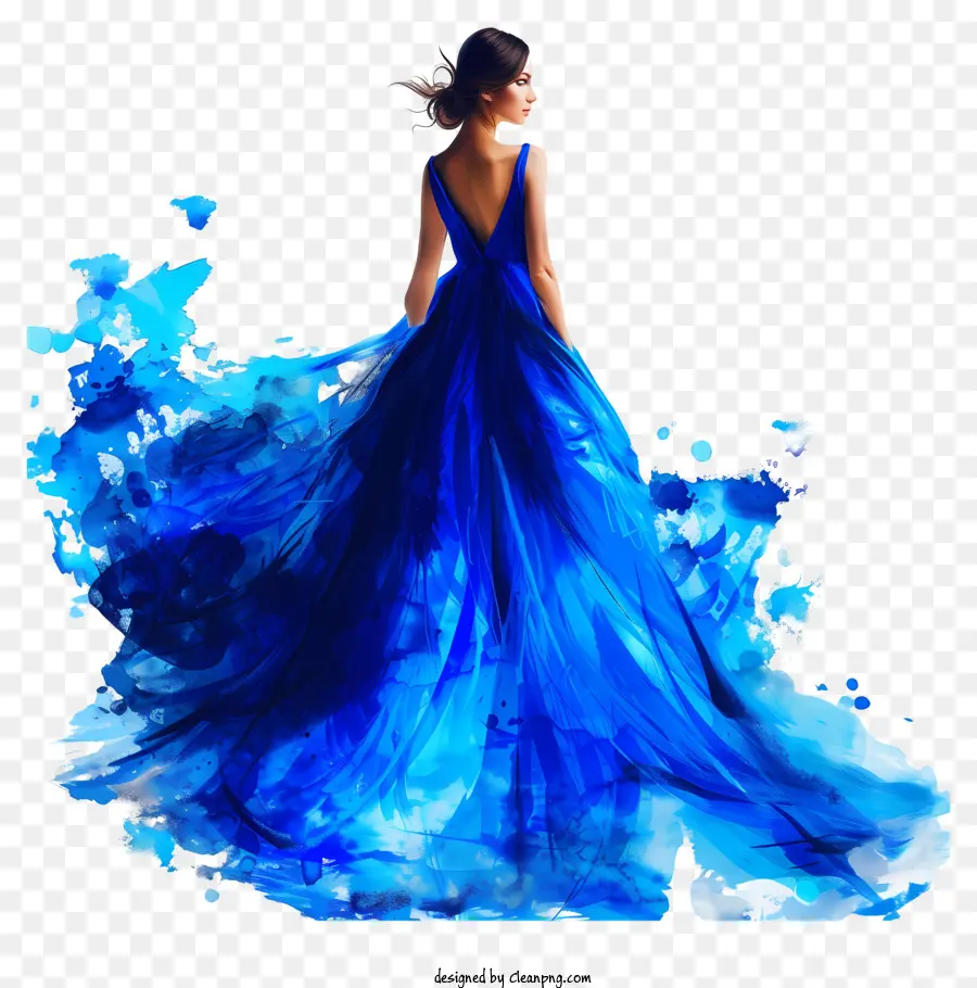 vestito in abito blu abito blu texture abito a fondo aperto abito a flusso lungo - Donna in abito blu, coperto di schizzi di vernice blu, in piedi sullo sfondo nero