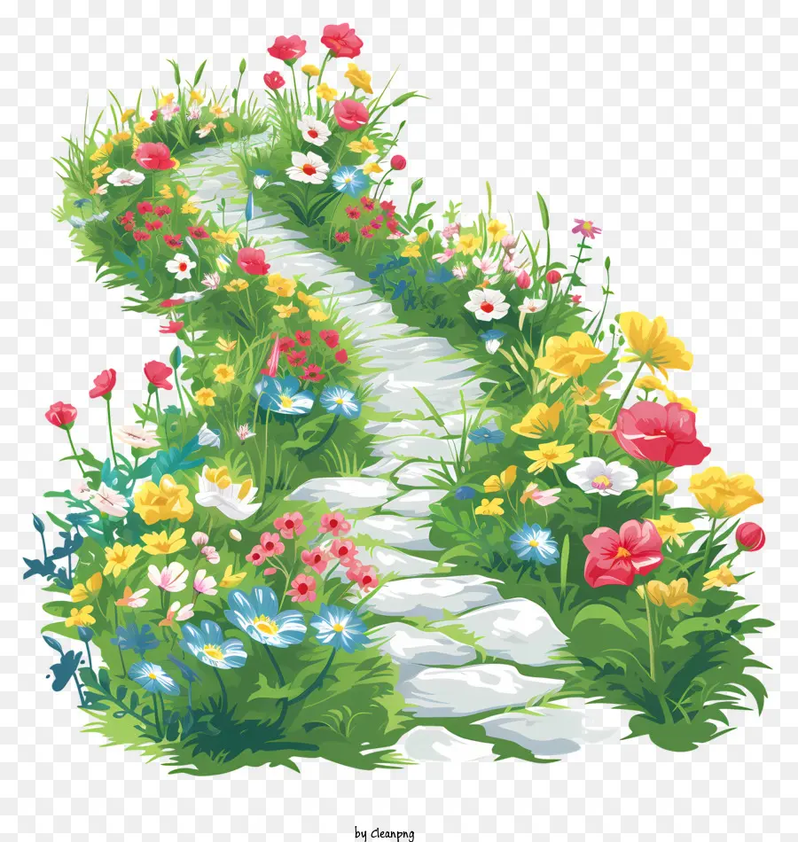 spring garden path flower-filled path stone steps beautiful garden colorful flowers