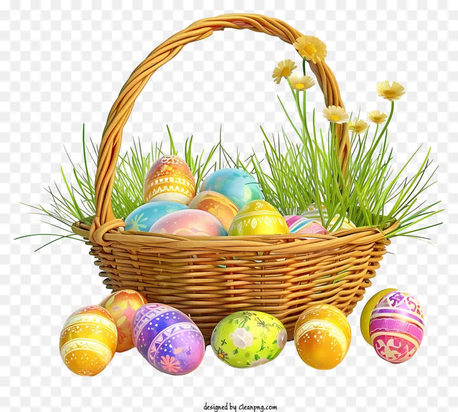 cesto di uovo di pasquo realistico cesto di uova di Pasqua uova colorate piccoli uovo - Uova di Pasqua colorate in un cestino tessuto