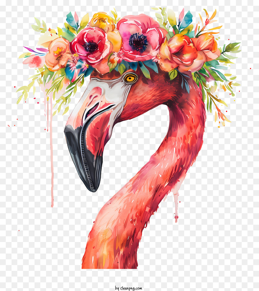 Pink Flamingo - Entspannter Flamingo trägt blumige Kopfbedeckung und Inhalt