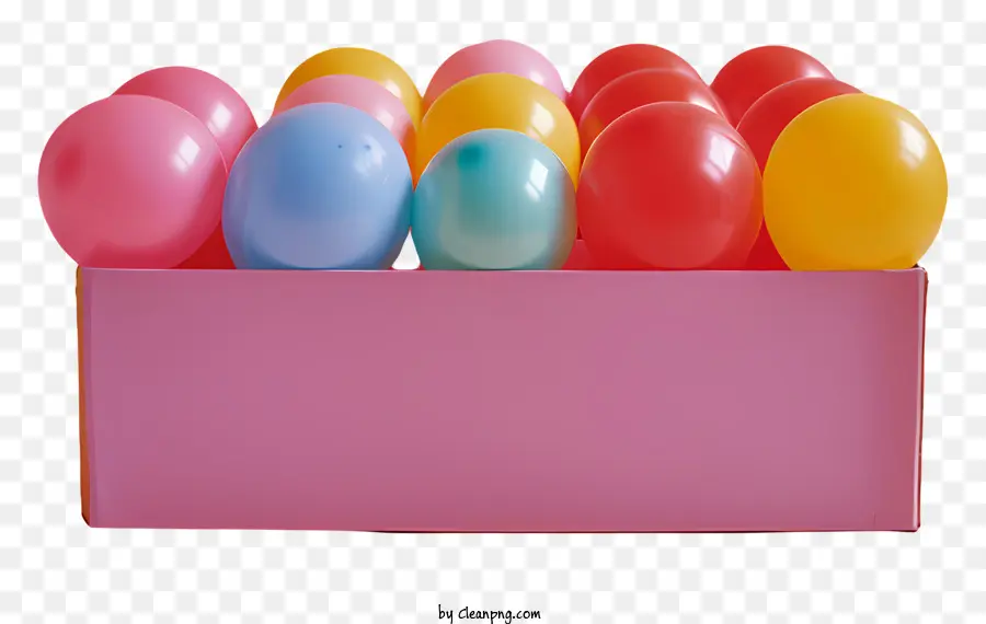Luftballons rosa Kartonbox runde Objekte Schaum oder Kunststoffmaterial leuchtende Farben - Rosa Box mit farbenfrohen runden Objekten im Inneren