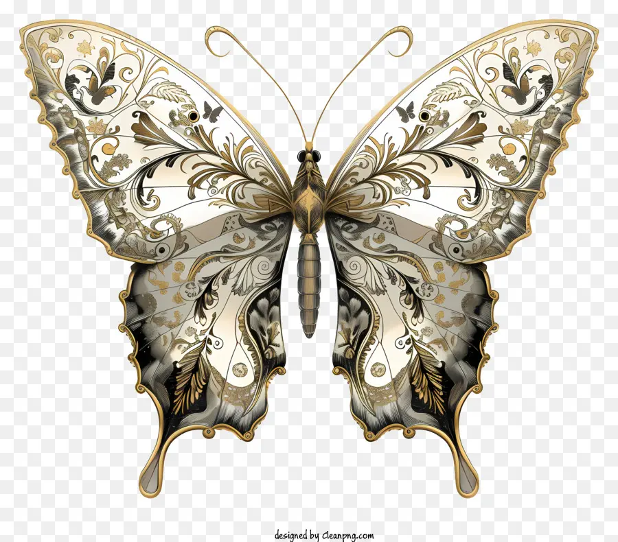 Goldener Schmetterling - Goldener Schmetterling mit Blumenmuster auf Schwarz