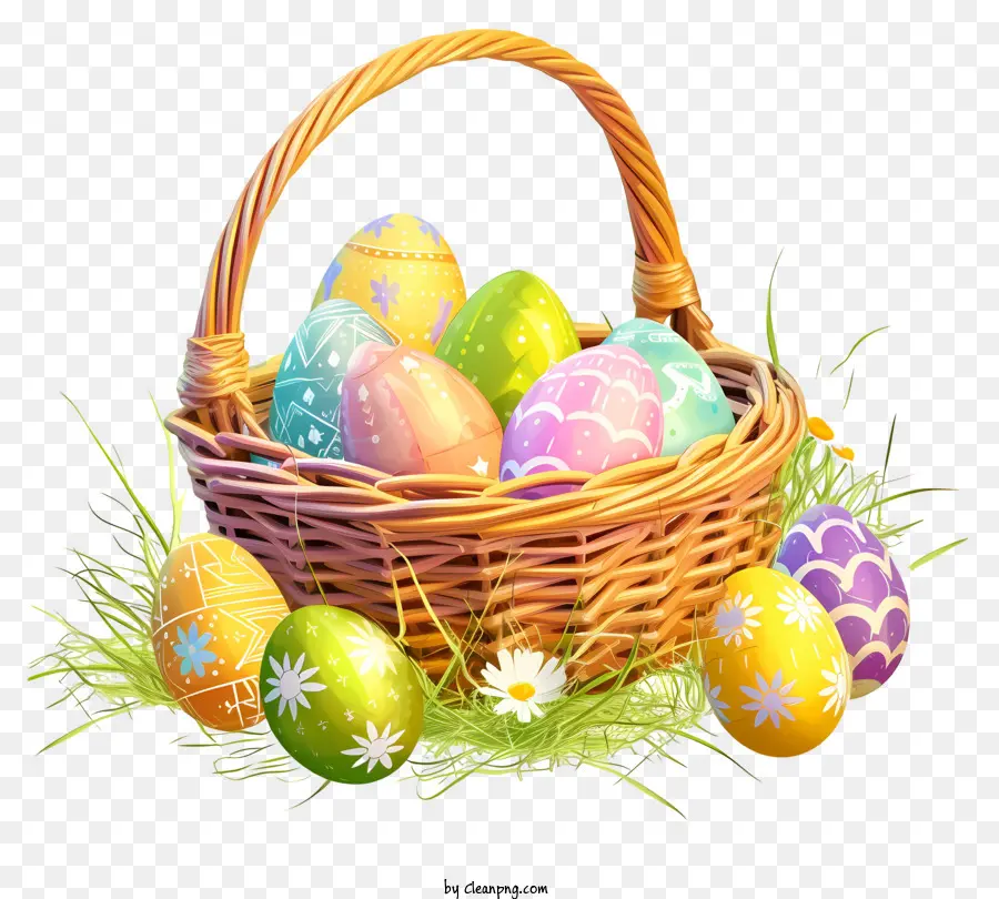Cesto di uovo di Pasqua in stile isometrico cesto di uova di Pasqua - Uova colorate nel cestino circolare circondato da margherite