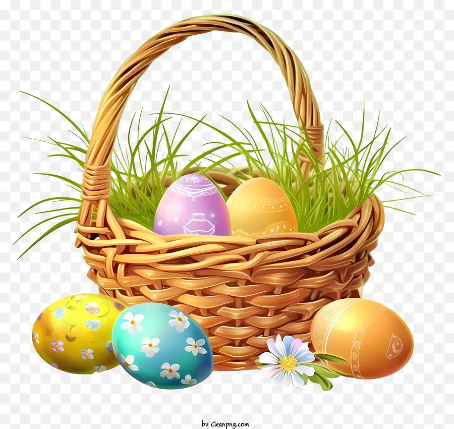 isometric style easter egg basket easter eggs wicker basket colored eggs green grass