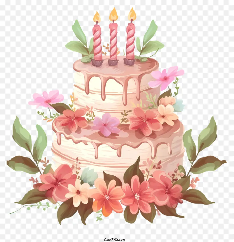 Geburtstagskuchen - Bunte Geburtstagstorte mit drei Kerzen auf Schwarz