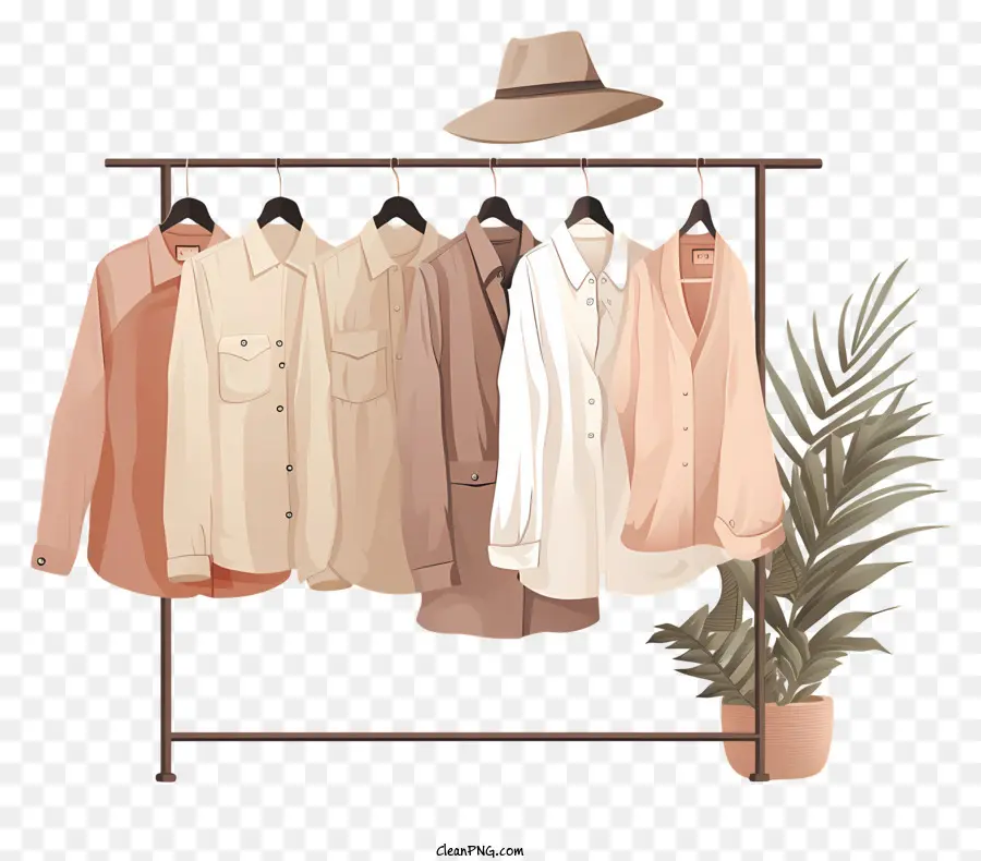Hemden, die an Rack -Kleiderbügel hängende Kleidung Hemden Hosen hängen - Kleidung hängt auf Kleiderbügel mit Pflanze in der Nähe