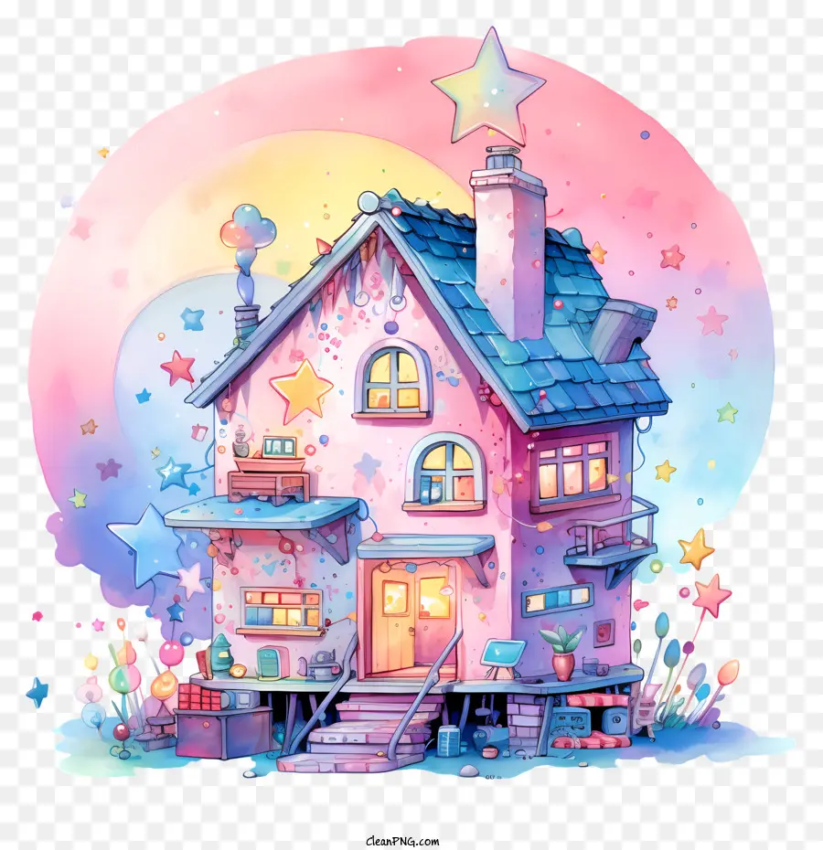Haus süß - Farbenfrohe, magisches Häuschen, umgeben von sternenklarer Nacht