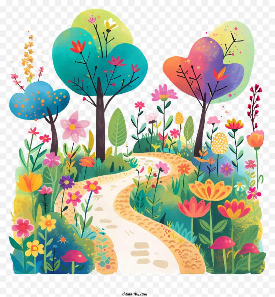 Frühlingsgartenpfad Gartenblumen Bäume Farben - Fröhlicher, lebendiger Garten mit farbenfrohen Blumen und Bäumen
