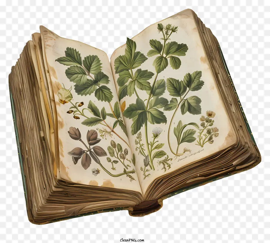 libro aperto - Libro botanico colorato e invecchiato con illustrazioni dettagliate