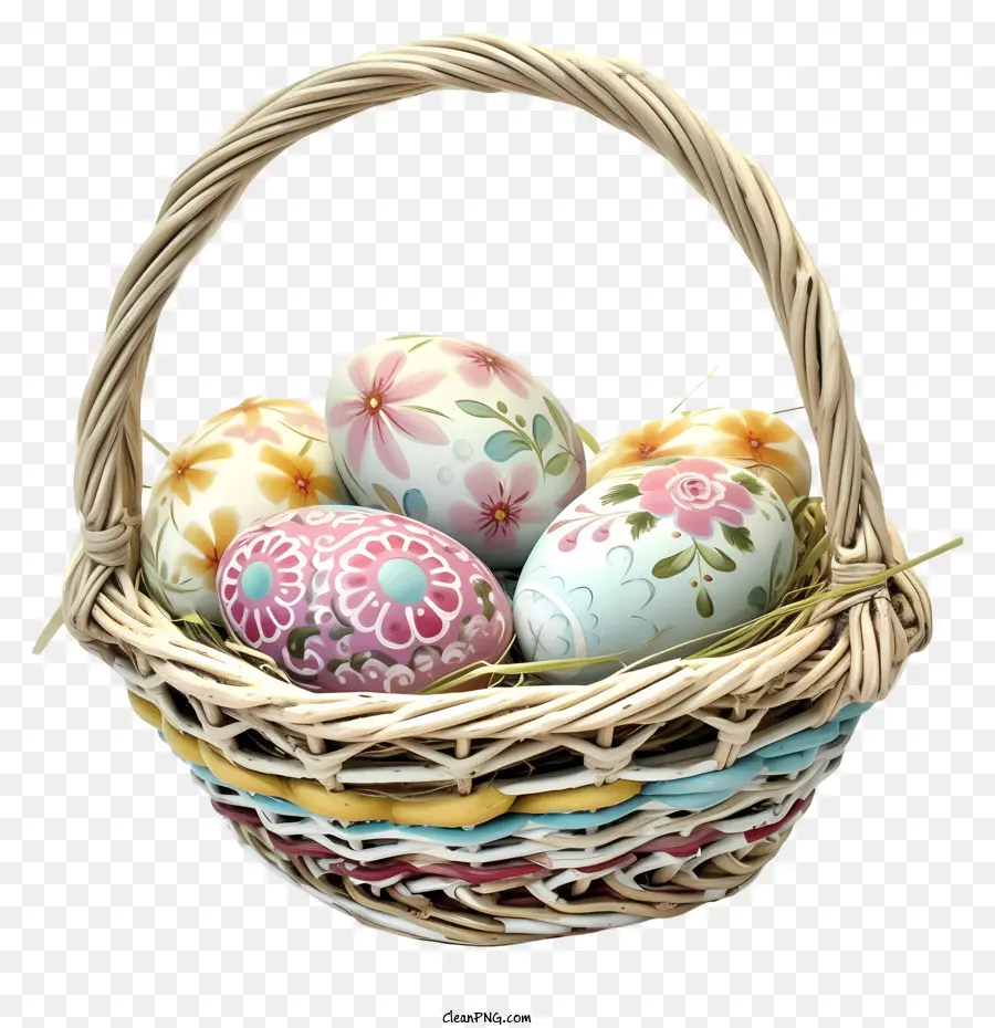Pastellöstern Eierkorb bemalte Eier Ostern Eier dekorative Eier Blumendesigns - Korb mit bemalten Eiern in verschiedenen Farben und Mustern