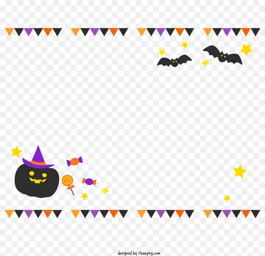 halloween khung - Nền đen với mũ phù thủy, dơi, bí ngô, 