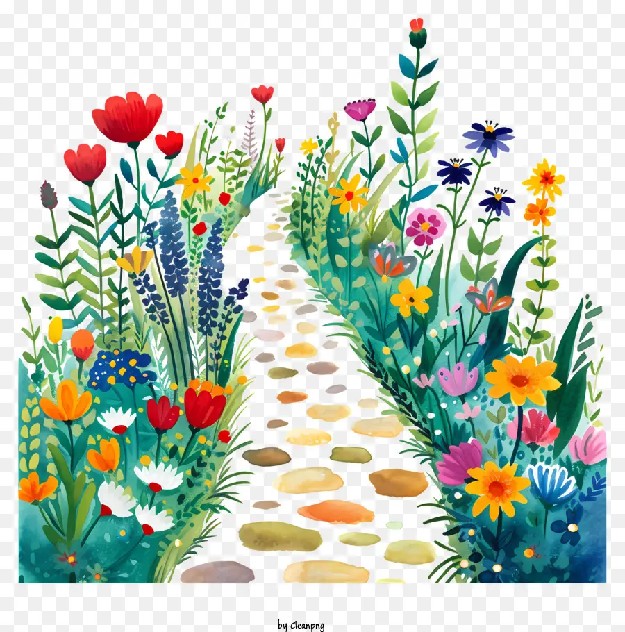 Blumengarten - Lebendiger Blütengarten mit gewundenem Pfad. 
Lebhafte, energische, farbenfrohe, symmetrische Komposition