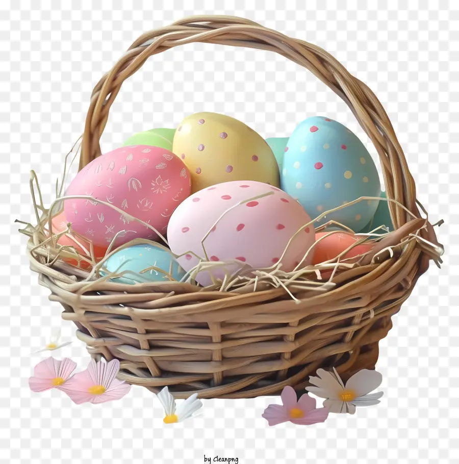 cesto di uova pastello pastello Easter uova di vimini cestino color uova punteggiate - Uova colorate nel cestino con fiori, sfondo bianco