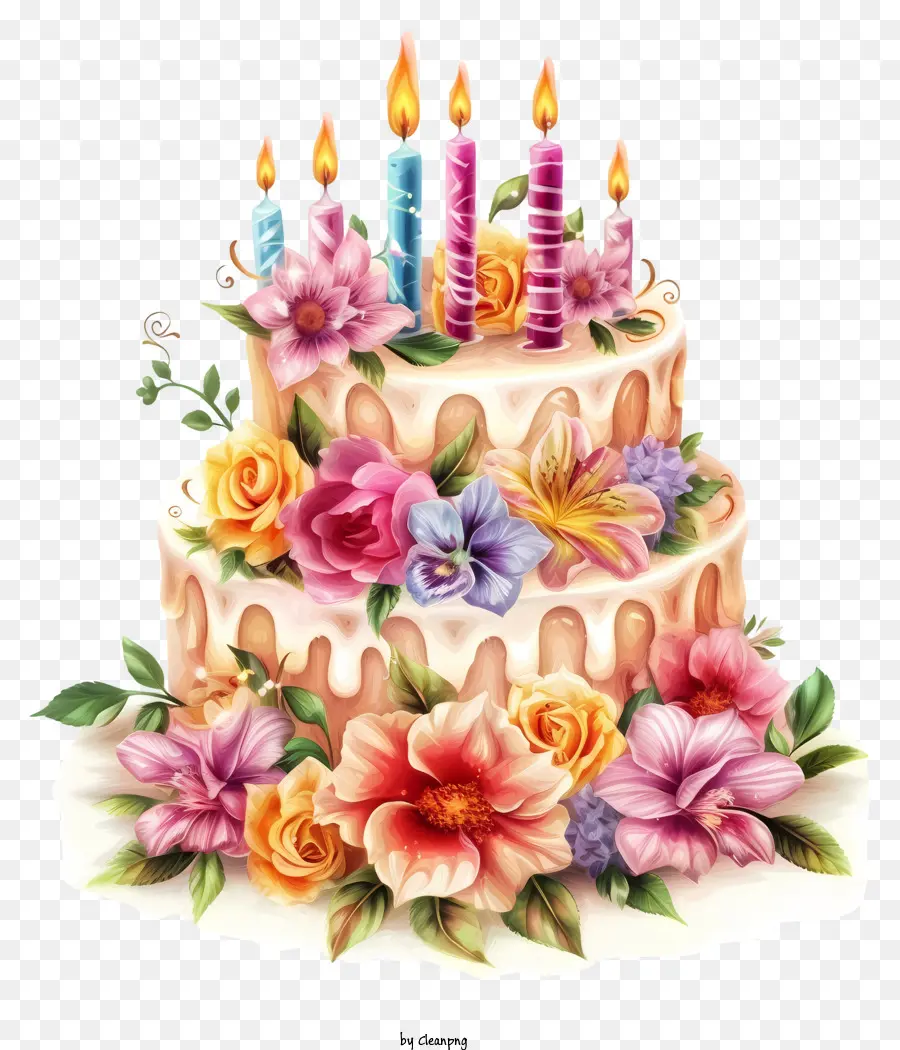 Geburtstagskuchen - Buntes Kuchen mit Kerzen, umgeben von Blumen umgeben
